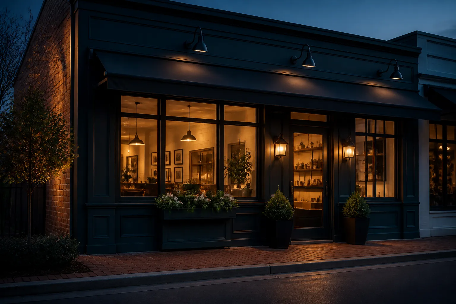 Local business storefront at dusk, representing service companies ready to grow